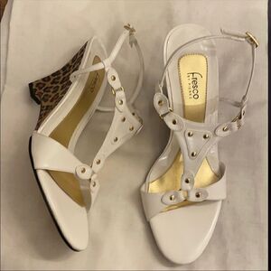 FRESCO BY PIERRE WHITE WITH GOLD STUDS, LEOPARD WEDGE SANDALS.  NEW